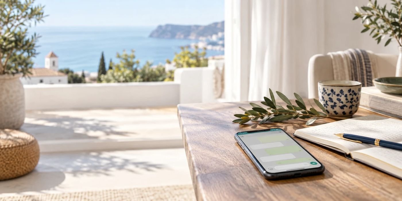 Ambiente doméstico mediterráneo junto a una ventana, símbolo de la atención espiritual a distancia