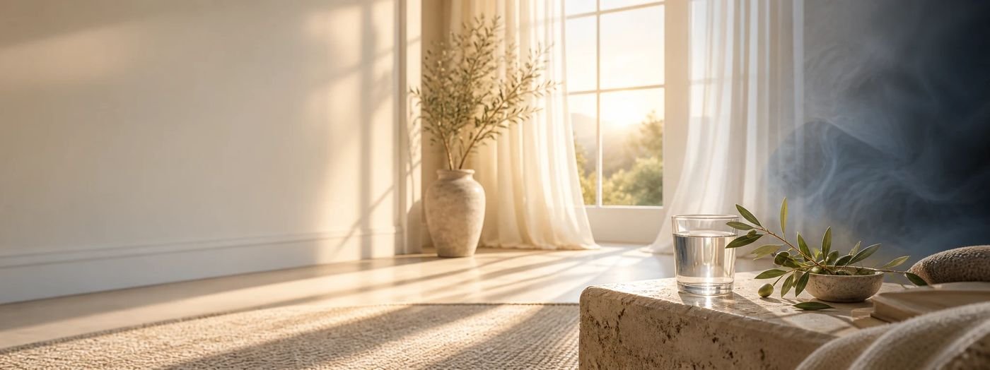 Interior elegante al amanecer con luz cálida entrando, como símbolo de limpieza de brujerías