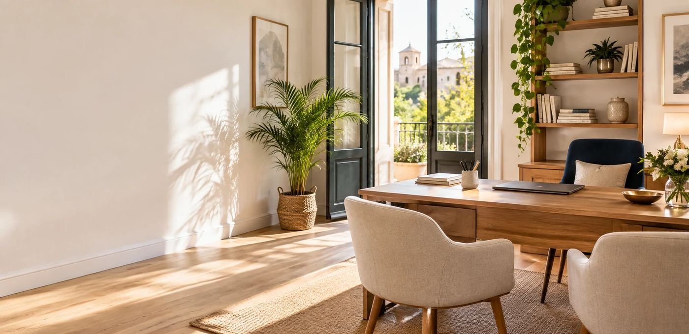 Pequeña oficina luminosa con escritorio de madera y plantas, como símbolo de limpieza espiritual de negocios